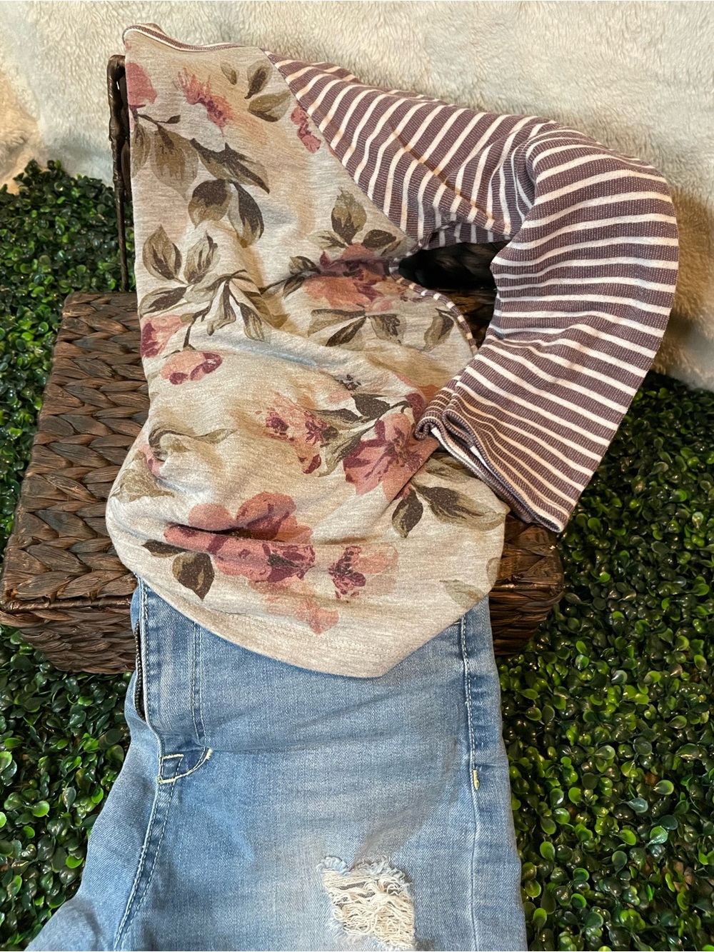 ODDY Mauve Floral & Cream Striped Knit Top